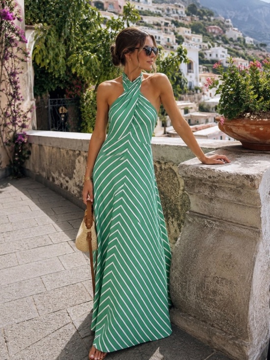 STAUD Dresses & Skirts - STAUD Dawn Seaweed Stripe Halter Maxi Dress Green White M